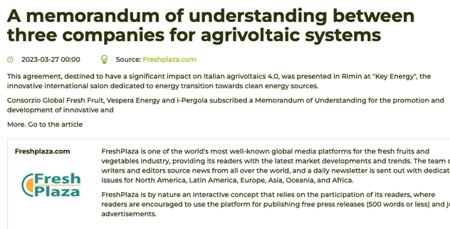 A memorandum of understanding between three companies for agrivoltaic systems