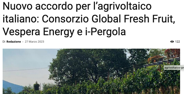 Nuovo accordo per l’agrivoltaico italiano: Consorzio Global Fresh Fruit, Vespera Energy e i-Pergola