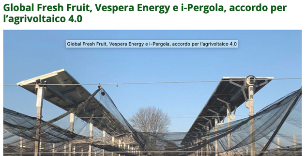 Global Fresh Fruit, Vespera Energy e i-Pergola, accordo per l’agrivoltaico 4.0 